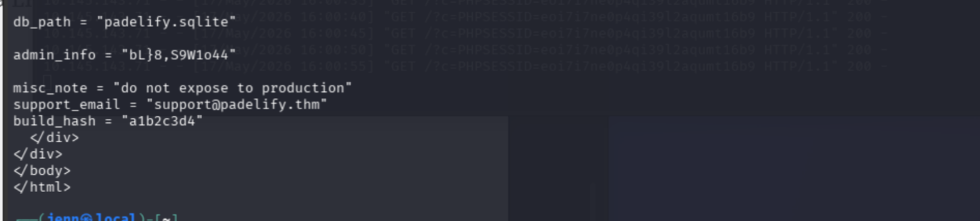 App.conf contents showing admin credentials in plaintext